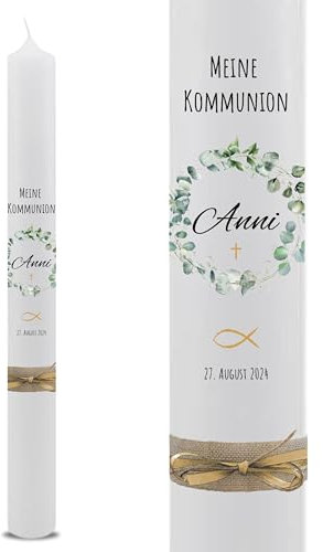 VILLA ROSA LOTTA – Personalisierbare Kommunionkerze „Anni“ mit Wunschdaten und Rückseite | Eukalyptus Kranz | 40 cm x 4 cm | für Jungen und Mädchen | Altarkerze elfenbein
