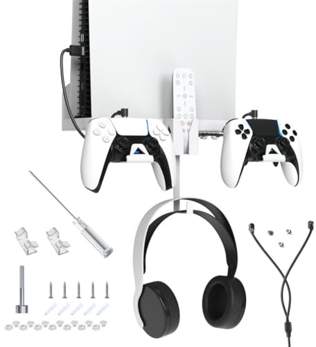 For PS5 Disc/Digital Edition Game Console Wall Mount Storage Rack Stand For PS5 Game Handle And Earphone Bracket Anti-Slip Holder, With Detachable Controller Holder & Headphone Hanger White
