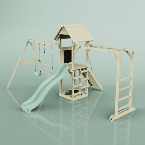 Rebo Klettergerüst aus Holz mit Wellenrutsche | Outdoor Spielturm mit Kinderschaukel, Trapezstange, Hangelstangen, Plattform und Kletterseil