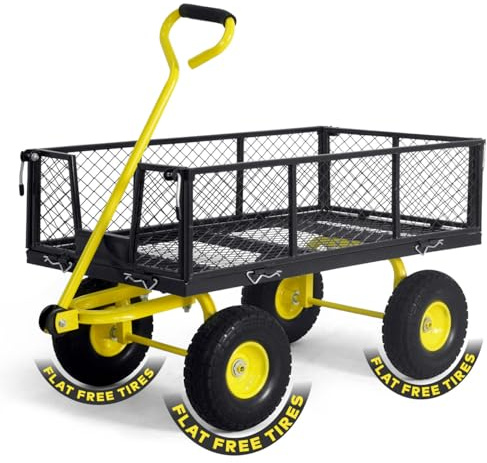 CAPHAUS Metal Black Garden Cart, w/ 180° Adjustable Yellow Handle, w/Mat and Strap, Heavy Duty 880 lbs Capacity, w/ 10” Flat-Free Tires, Sides Removable, Utility Wagon, Lawn Cart, for Garden, Yard
