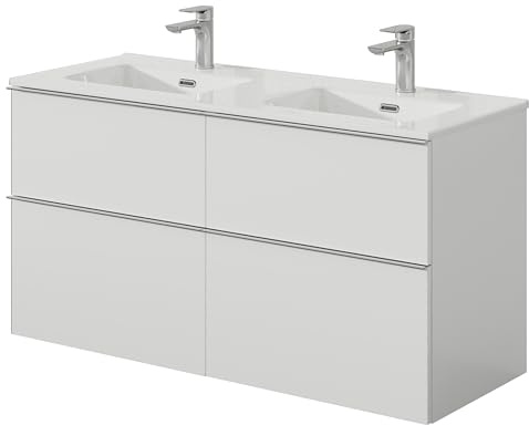 Bernstein Badmöbel-Set Lavoa 120cm bestehend aus Doppel-Waschbecken und Unterschrank mit 4 Schubladen, Waschbeckenunterschrank in Weiß matt, Griff in Chrom- 5 Jahre Garantie - Waschtisch in Weiß