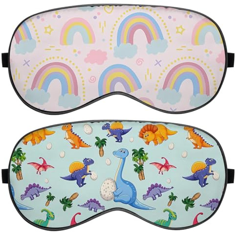 Deokke Schlafmaske, Seide, Augenmaske mit verstellbarem Riemen zum Schlafen, weich, niedlich, ästhetisch, für Damen, Mädchen, Herren, Flugzeug (T2-regenbogen-dinosaurier)