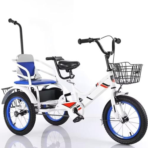 LSQXSS 3-Räder-Fahrrad für Jungen und Mädchen, Komfort-Cruiser-Dreirad mit Vorderrad-Bremse, Rücksitz mit Gurt, Luftreifen-Speichenrädern, Tandem-Dreirad mit Armlehne und Schiebegriff
