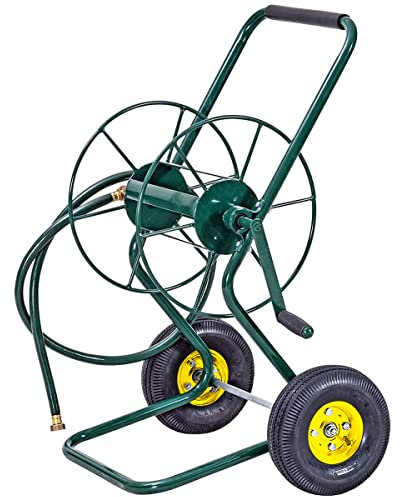 GOPLUS Schlauchwagen Metall, Gartenschlauchwagen für 3/4 Schlauch bis 61m, Schlauchtrommel mit Gummirädern & 188 cm Einlassschlauch, Schlauchaufroller Garten, 71 x 53 x 96,5cm, Grün