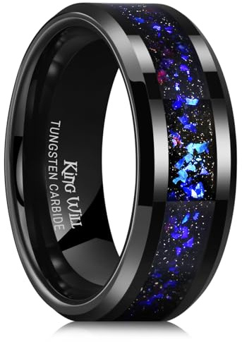 King Will Ehering aus Wolframkarbid für Männer – 8 mm schwarzer, hochglanzpolierter Ehering mit blau-grünem Sand-Inlay für den Alltag, bequemer Sitz für Herren, Größe 54–70 (17–22)