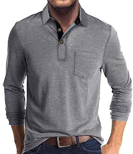 Poloshirt Herren Langarm Shirt Basic Baumwolle Langarmshirt mit Knopfleiste Mode Longsleeve Polohemd mit Brusttasche Leichte Sommershirt Regular Fit Polo Shirt Lässig Longshirt Einfarbige Oberteile