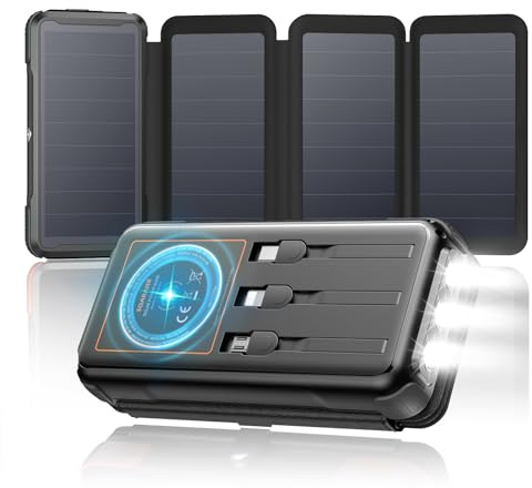 SOARAISE Cargador Solar 25000mAh 20W Batería Externa Carga Rápida con 3 Cables y 4 Paneles Solares, PD QC 3.0 USB C Power Bank Inalámbrica con Linterna LED para Smartphones, Camping