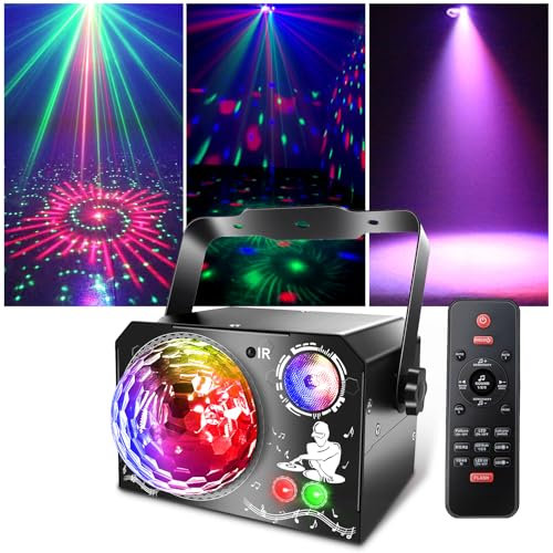 4 en 1 Lampe de Scène, Fwiull Lumière Disco avec Télécommande et Stroboscope, 65 Effets Lumineux RGB & UV, USB Lumineux Disco Musique Commande Vocale
