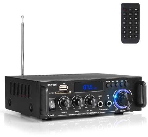 Romicta Stereo Audio Amplifier, 300W Home 2 Channel Wireless Bluetooth 5.0 Power Amplifier System, Home Amplifiers FM Radio, USB, SD Card, with Remote Control Home Theater Audio Stereo System