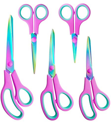 CCR Stainless Steel Scissors With Color Titanium Plating, Comfort Grip for Families, Offices and Schools - Set of 5