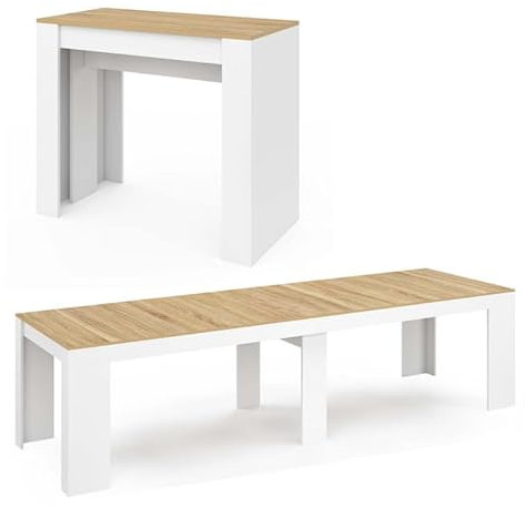 IDMarket - Konsolentisch, ausziehbar, Orlando für 14 Personen, 300 cm, Weiß und Buchenoptik