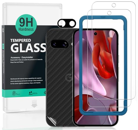Ibywind 2 Pack Screen Protector for Google Pixel 9a 5G 6.3,9H Hardness Tempered Glass,with 1Pc Cover for Camera Lens,1Pc Carbon Fiber Film for Back