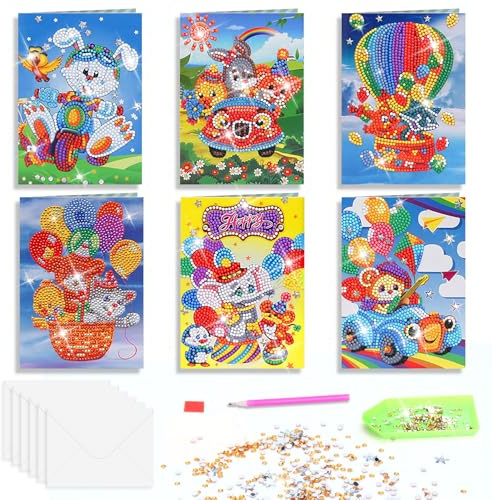 Grußkarten 6er Set 5D Diamond Painting Deko Grußkarte Klappkarten mit Umschlag, Postkarte Geschenke für kinder, Postkarte für Geburtstag Tag des Kindes Weihnachtstag