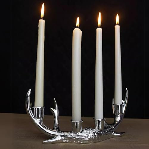 Marco Paul Silver Stag Antler 4 Tapered Candles Holder 28cm Long Candelabra Taper Candle Holder Centrepiece Christmas Decorations Mantelpiece Fireplace Decorative Candlestick Ornament for Wedding