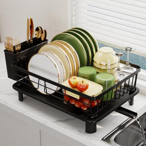 GHERISN Dish Drainer Rack with Drip Tray, Sink Dish Drainer with Drainage Spout, Stainless Steel Dish Drying Rack with Cups, Utensil & Cutting Board Holders for Kitchen Counter Space-Saving, Black