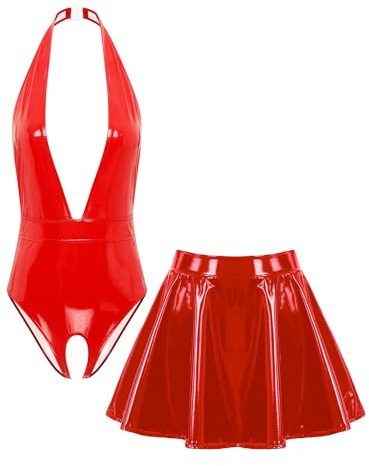 TiaoBug Dam Wetlook Body Ouvert Stringbody Neckholder Rygglös Topp Djup V-ringning Topp och Lack Läder Kjol Mini Faltskjorta Gogo Klubbklädsel, röd, S