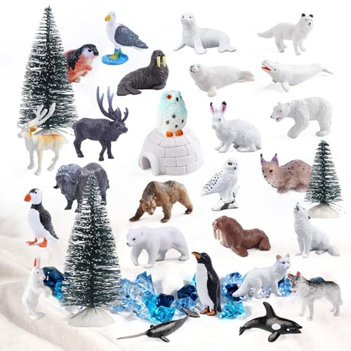 SIENON 60Stück Arktische Tier Spielzeug enthält 27Stück Mini-Polartierfiguren mit Eisbär, Pinguin, Karibu und Schnee-Eule, 3Stück Modell Bäume, 30Stück Fake Ice Rocks für Schulprojekt Kuchen Toppers
