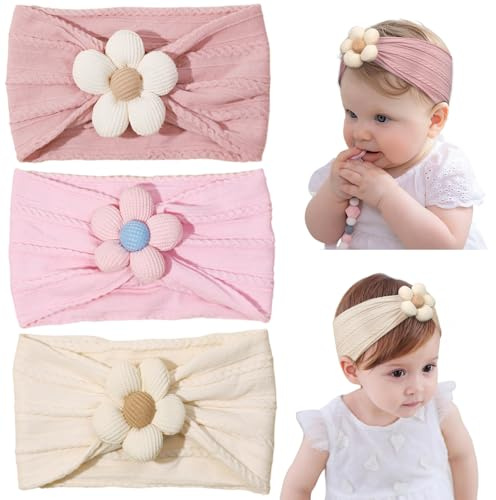 DiULi Babypannband, 3 stycken babyturban, pannband med bågar, elastiska hårband för nyfödda, småbarn, supermjuk (blommor)