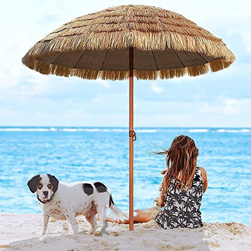 UQACHG Stroh-Strandschirm Mit Sandanker, Runder Sonnenschirm Für Garten, Terrasse, Balkon, 180 cm Durchmesser, Höhenverstellbar, ?180 cm/6 Fuß Rund,Sand-?180cm/6ft Round
