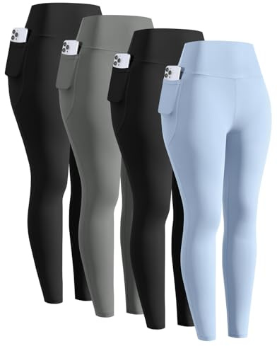 ATTIQOZI 4 Pack Sportleggings Mädchen Lang Mit Handytasche Komfortable Hohe Taille Sporthose Elastisch Yogahose Kompressionsleggins Tanzhose für Jogging Gymnastik Schwarz/Grau/Schwarz/Blau M