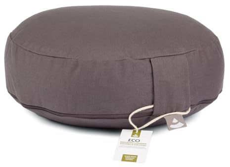 Bodhi Meditationskissen Rondo ECO extra flach | Bodenkissen mit Bio Dinkelfüllung | Bezug aus 100% Baumwolle | Yogakissen mit 15,5 cm Sitzhöhe | Waschbarer Bezug mit Trageschlaufe | anthrazit