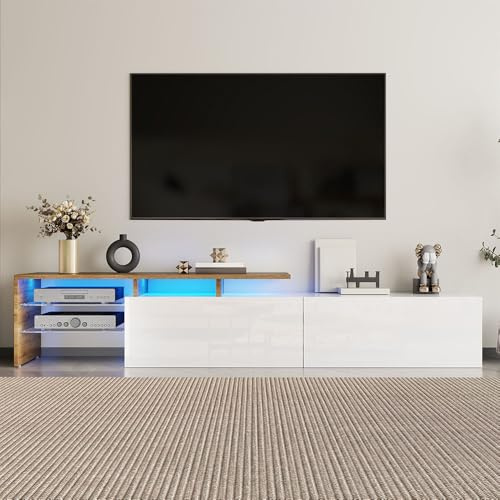 Meuble TV Moderne 160 cm avec Éclairage LED, 3 Portes, 4 Étages en Verre,Meuble Télévision Design pour Salon (White+Natural)