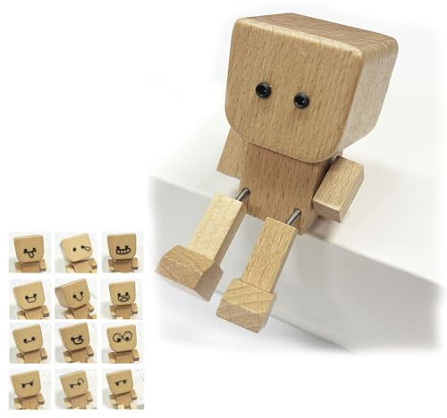 BOVVSKY Shaking Wooden Man Figurine, Shaking Feet Woodens Doll with 12PCS Magnetic Expressions, Handmade Shaking Feet Wooden Car Dashboard Decorations, Creative Wood Desktop Decor