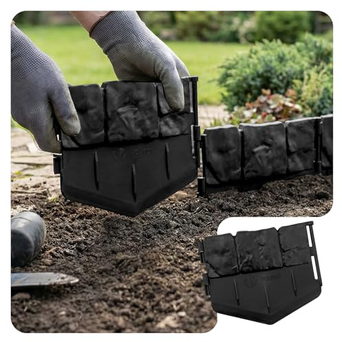 VOUNOT® Borde de Jardín Efecto de Piedra 10.7m, Césped Bordes Plástico Ultrarresistente y Flexible, Set 70 Borduras Exteriores Fácil de Instalar sin Cavar Zanjas para Tierra Cenefa Parterres Negro