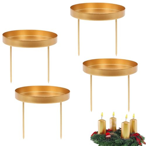 DFADKYWU 4 Stück Kerzenhalter Adventskranz, Metall Adventskerzenhalter mit Dorn Kerzenteller Kerzenständer, Advent Kerzenhalter, für Kerzen Weihnachten Deko Tischdeko (4-Gold)
