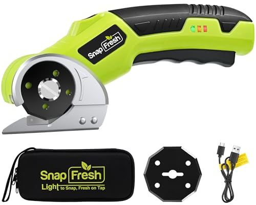 SnapFresh Ciseaux Électriques Sans Fil Cutter Rotatif avec 2 Lames Auto-Affûtantes SKS7, LED & Sac de Rangement – Akku Universel Coupe Carton, Papier, Tapis, Cuir, Feutre, PVC