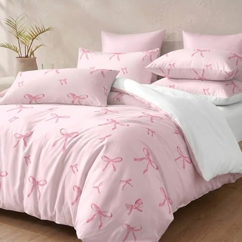 Herside Rosa rosett påslakanset dubbel storlek 3 st söt rand rosett sängkläder set rosett sängkläder påslakan mjukt mikrofiber påslakanset med 1 rosa örngott för flickor vuxna