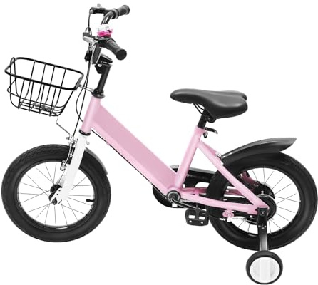 GXSFLG Bicicleta infantil de 14 pulgadas, con ruedines, cesta y borlas para el manillar en color rosa, para niñas y niños a partir de 3-5 años, manillar y asiento ajustables en altura, freno delantero