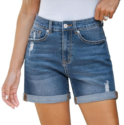ADUDVLO Women' s Denim Shorts UK - High Waisted Organic Cotton with Rolled Hem & Distressed Details | Straight Leg Stretch for Summer Casual & Travel (UK, Alpha, XXL, Regular, Regular) Dark Blue