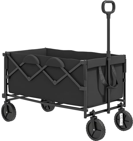 Outsunny Carro Playa con Ruedas Grandes Carro de Jardín Plegable con Mango Telescópico Regulable y Puerta Trasera Extensible, Capacidad 100 kg, Carrito de Transporte Todo Terreno y Camping, Negro