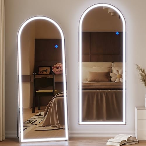 ZKIODV 165 x 65 cm, välvd helfigursspegel med LED-belysning, väggspegel med belysning, helfigursspegel med välvd överdel, vertikal hängspegel, stor golvspegel för sovrum och vardagsrum (Vit)