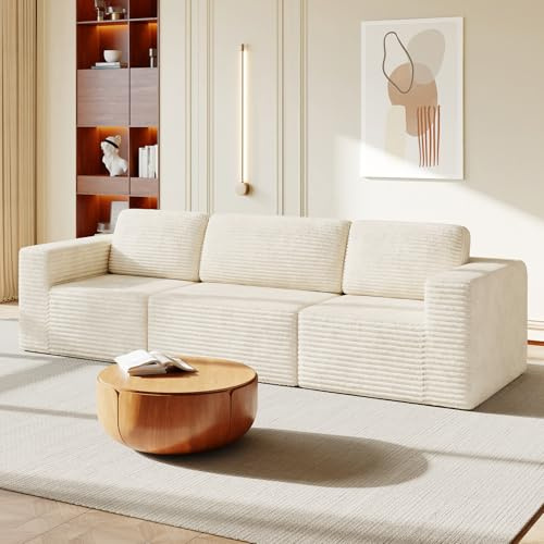Vesgantti Modulares Cord-Sofa in Beige, 303 cm 3-Sitzer mit Schlaffunktion, Federkern und extra tiefer Sitzfläche, Flexibles Design mit beweglichem Fußhocker, kein Aufbau nötig