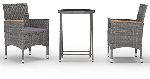 XHNIFBN 3-TLG. Bistro-Set Gartenmöbel Balkonmöbel, Rattanoptik-Stühle mit Polster und klappbarer Tisch aus Hartglas, Stabiler Stahlrahmen in Grau