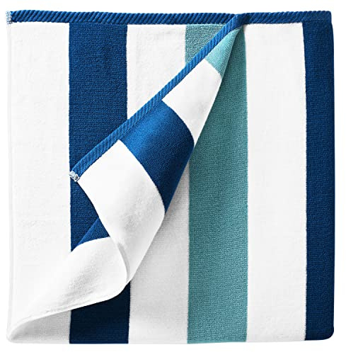 Laguna Beach Textile Co. Striped Cabana Beach Towel - Oversized, Plush 630 GSM Cotton - Marine Blue & Sea Glass Green