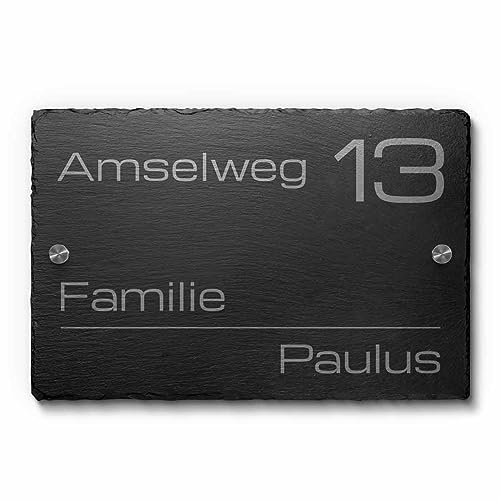 Schiefer Hausnummer mit Name 22x14 cm o. 30x20 cm - Personalisiertes Namensschild mit Gravur - wetterfest imprägniert -Türschild Haustürschild Straßenschild