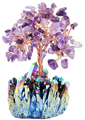 Amethyst Edelstein Baum mit Bergkristall Titan Sockel Kristall Wohndeko | Amethyst Kristallbaum, Regenbogen Titan Rohstein Sockel, Feng Shui Heilstein Geldbaum Dekoration für Glück Wohlstand