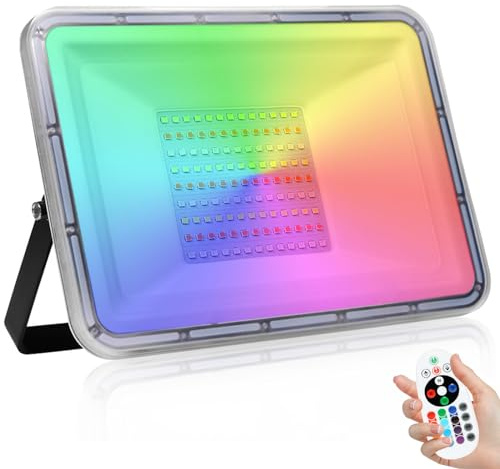 100W RGB LED Strahler mit Fernbedienung, 10000LM 16 Farben und 4 Modi LED Flutlicht Wasserdicht IP67 Dimmbar Außenstrahler Scheinwerfer für Abschlussball Garten Party (ohne Speicher)