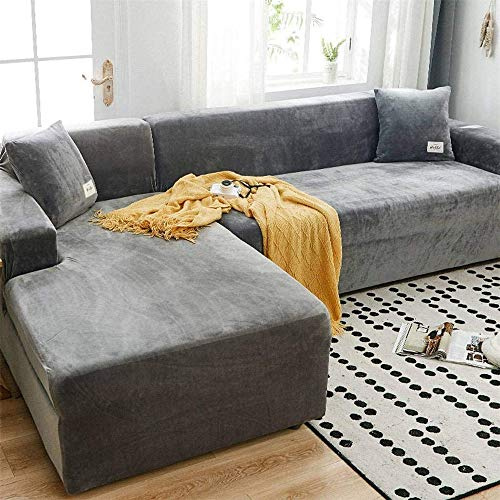 LINGKY Sofabezug Ecksofa L Form Stretch Samt Sofa Überzug Universal Couchbezug Für 1/2/3/4 Sitzer Waschbar Sofa Überwürfe (L Form Ecksofa Erfordert Zwei) - Sofabezug 2 Sitzer, Hellgrau