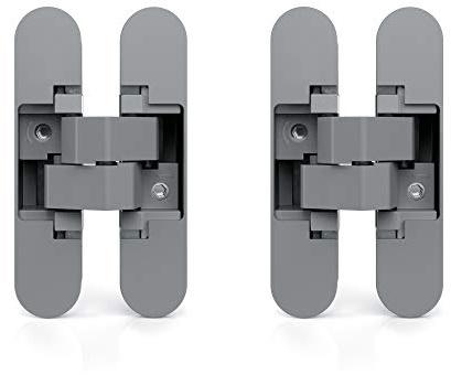 Emuca - Dolda gångjärn för innerdörrar, set med 2 osynliga gångjärn för tunga dörrar, belastning 60 Kg, 180º öppning, zamak, metallic grey