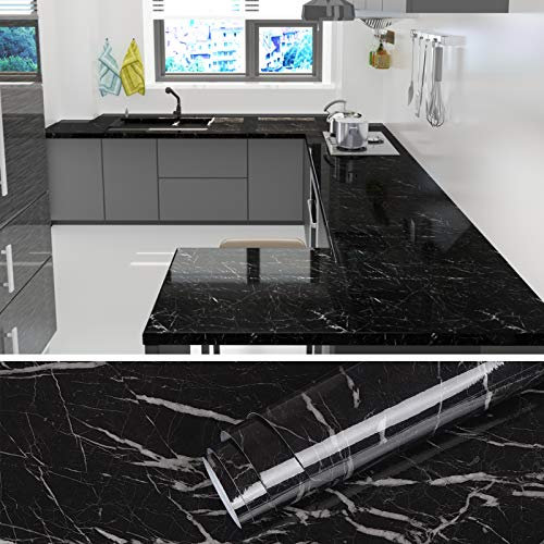 VEELIKE Klebefolie Möbelfolie Marmor Folie Schwarz Tapete Grau Tapeten Wandtapete Fensterbank Folie 60cm x 900cm Dekorfolie Schrank Folie Selbstklebend für Möbel Küche Schlafzimmer