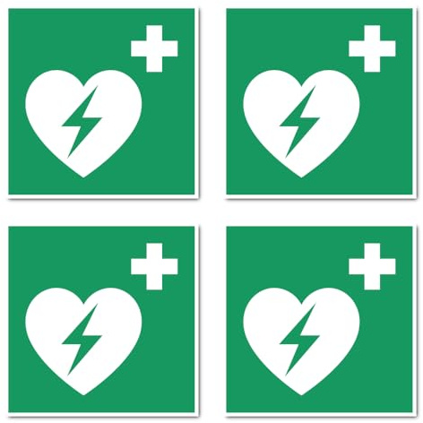 Automatisierter Externer Defibrillator (AED), Rettungszeichen: E010 - DIN EN ISO 7010 / ASR A1.3 - Aufkleber: 10 cm, 4 Stück