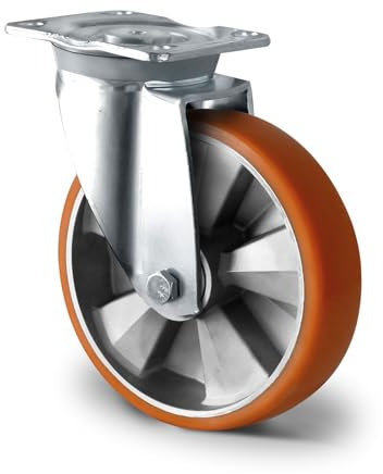 Abrollwerk Schwerlast Lenkrolle 200mm, 700kg Traglast, Premium Transportrolle mit Aluminiumfelge & Doppelkugellager, Gesamthöhe 254mm, Anschraubplatte, Schwerlastrolle ohne Bremse - robust & langlebig