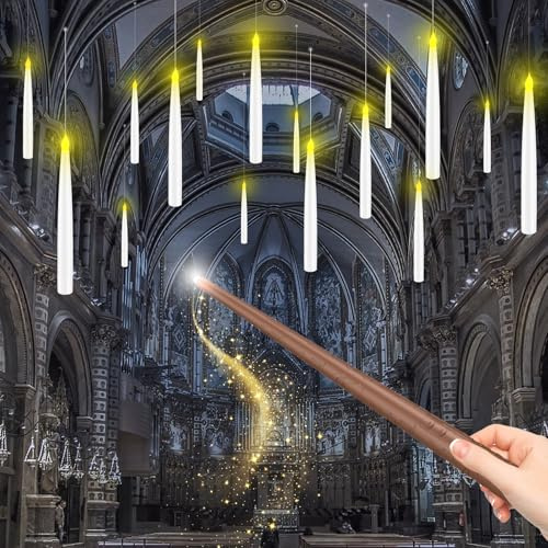 Halloween Decorations, Floating Candles with Wand, Magic Hanging Candles Flickering Warm Light Flameless LED Taper Candle with Wand Remote, Battery Operated Window Candles for Holiday Decor (12 Pack)
