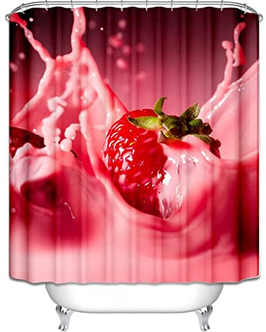 EHOMERY Duschvorhangkurz Duschvorhänge Motiv Erdbeermilch Duschvorhang Nach Maß Duschrollo L Form Polyester Rostfreie Ösen Und 12 Hakenringe, 140X180Cm