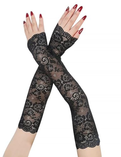 ZKSXOA 1 par de Guantes sin Dedos de Encaje para Mujer, Guantes de Encaje Nupcial para Boda, Fiesta, Halloween, Negro