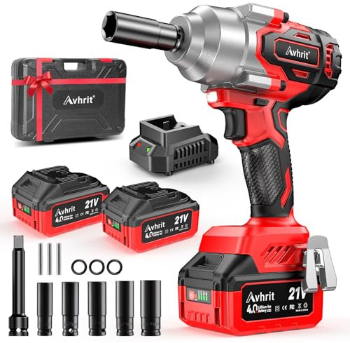 Avhrit Avvitatore a impulsi a batteria, 1300N.m 1/2 Elevata Avvitatori A Massa Battente con 2x 4000mAh Batteria, 5 bussole Trapano A Impulsi Brushless per Auto Casa
